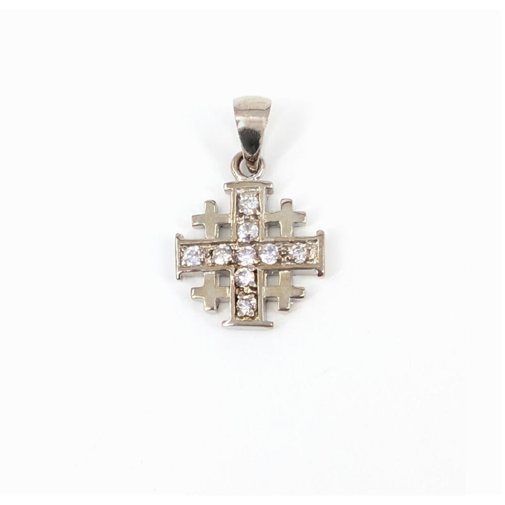 Vintage Jerusalem Cross Pendant 925 Silver Plated Rhinestones Crusader Christian